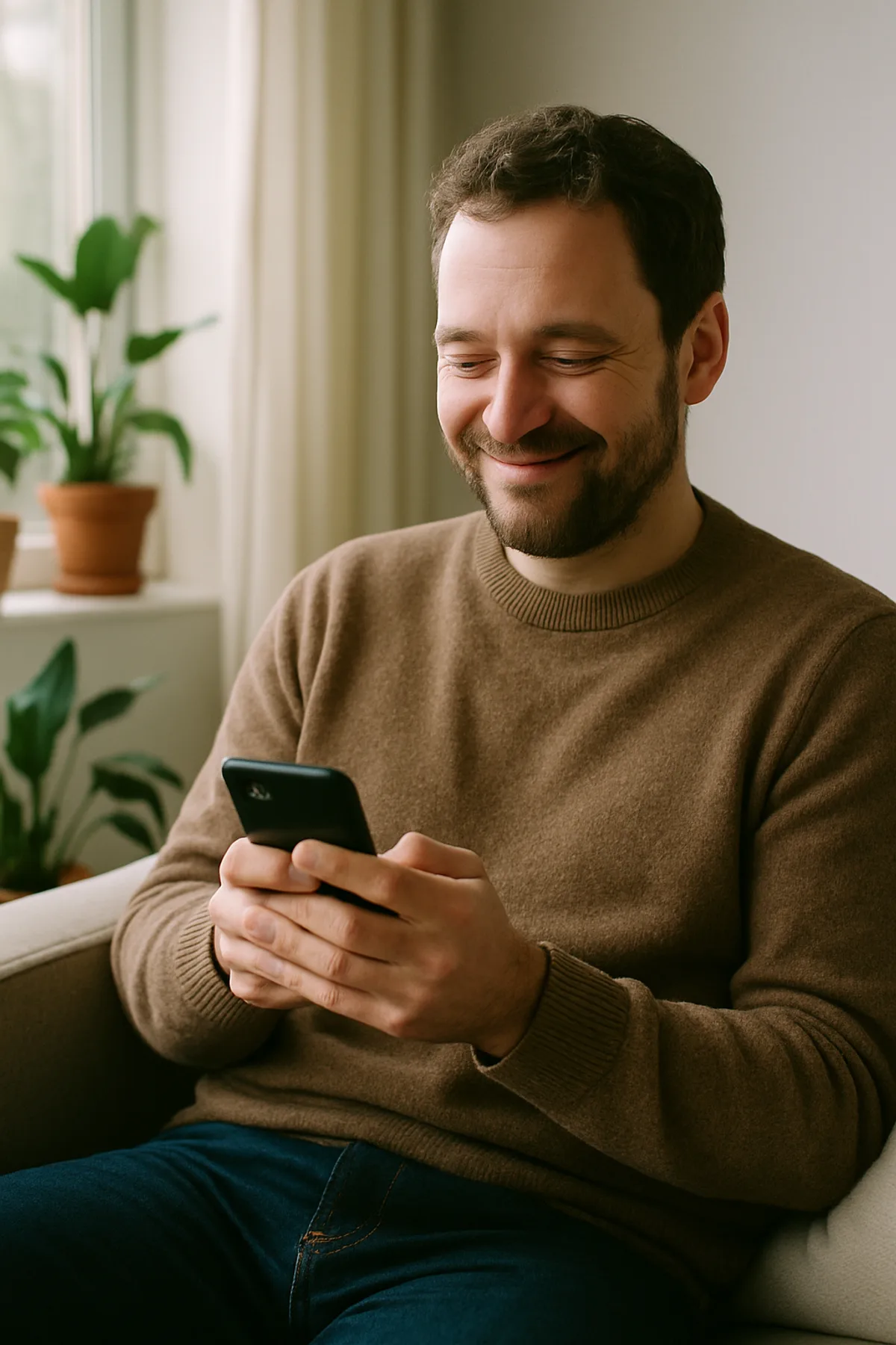 A relaxed Claro reader at home, happily reading a guide on his phone